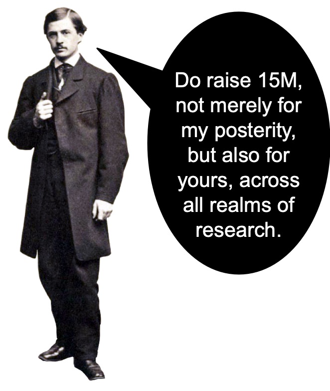 picture showing young Peirce standing and asking for a 15 million dollar donation